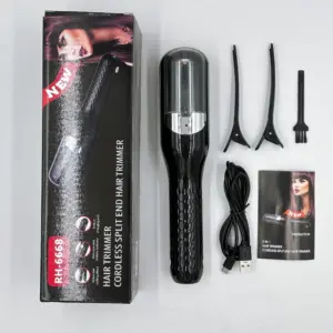 Kit recortador de horquillas inalámbrico negro con estuche, dos pinzas, cepillo de limpieza, cable USB y manual de instrucciones.